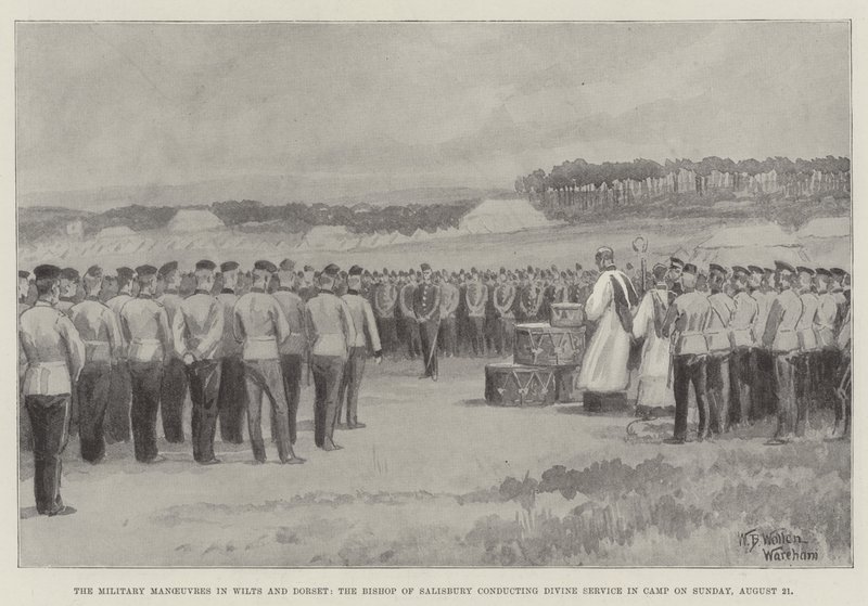 De militære manøvrer i Wilts og Dorset, biskoppen af Salisbury udfører gudstjeneste i lejren søndag den 21. august af William Barnes Wollen