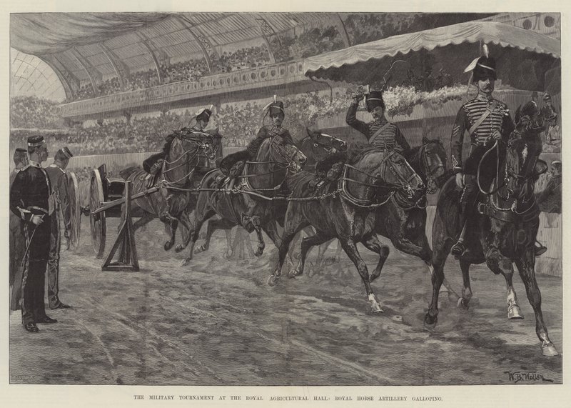 Militærturneringen i Royal Agricultural Hall, Royal Horse Artillery galopperende af William Barnes Wollen