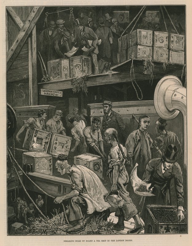 At bryde bulk om bord på et teskib i London-dokken (gravering) af William Bazett Murray