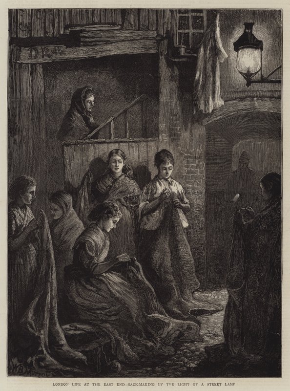 London Life at the East End, sækkefremstilling ved lyset af en gadelampe (gravering) af William Bazett Murray