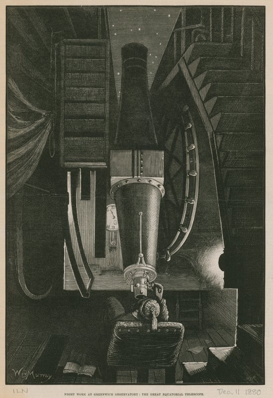 Natarbejde på Greenwich Observatory; Det store ækvatorialteleskop (gravering) af William Bazett Murray