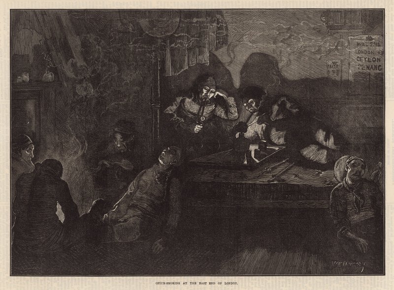 Opiumsrygning i East End of London (gravering) af William Bazett Murray
