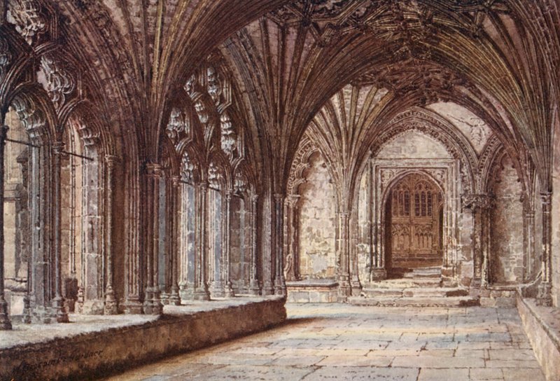 Døråbning fra klosteret ind til martyriet, Canterbury Cathedral (farvelitografi) af William Biscombe Gardner