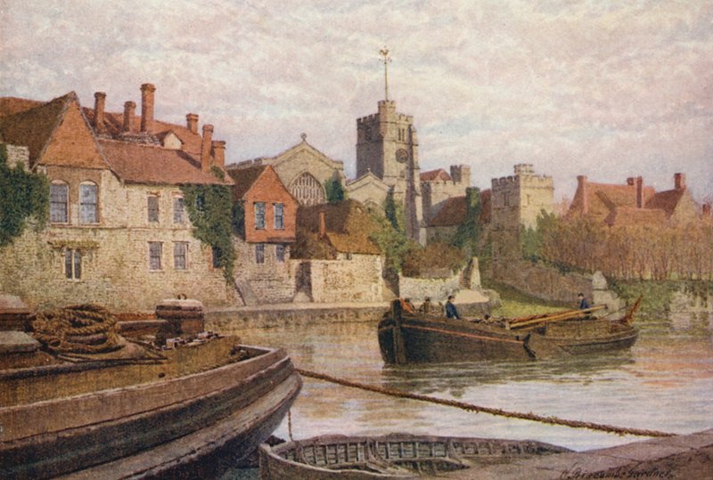 Maidstone, bagsiden af det gamle palads, kirken og Old College set fra den anden side af Medway (farvelitografi) af William Biscombe Gardner