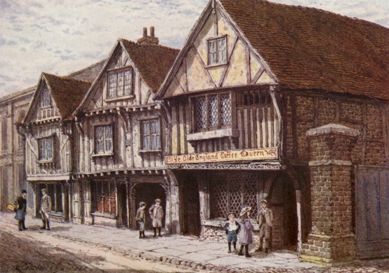 Gamle huse i West Street, Faversham (farvelitografi) af William Biscombe Gardner