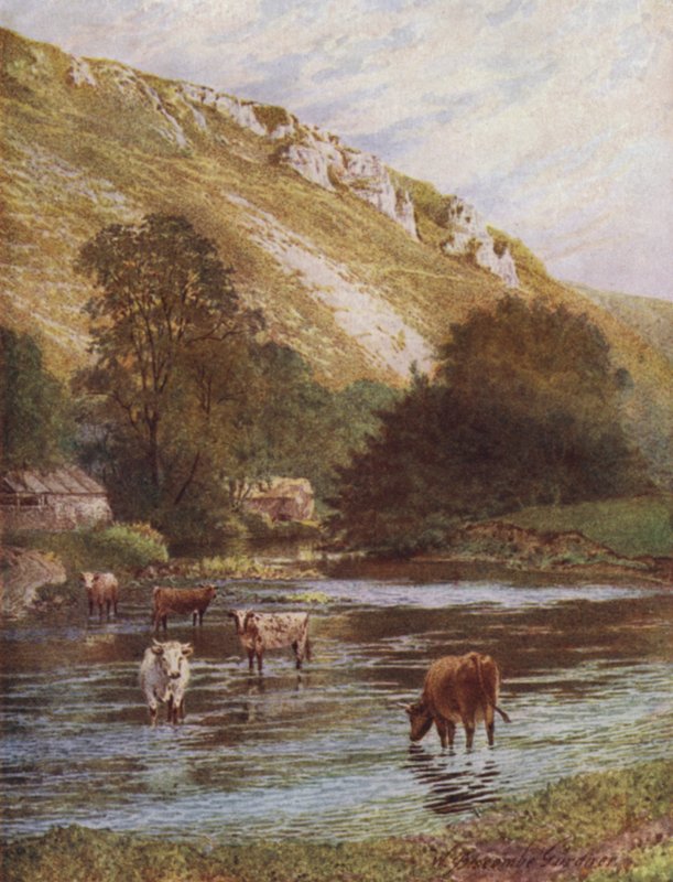 On the Wye, Upper Dale Farm, Monsal Dale (farve litho) af William Biscombe Gardner