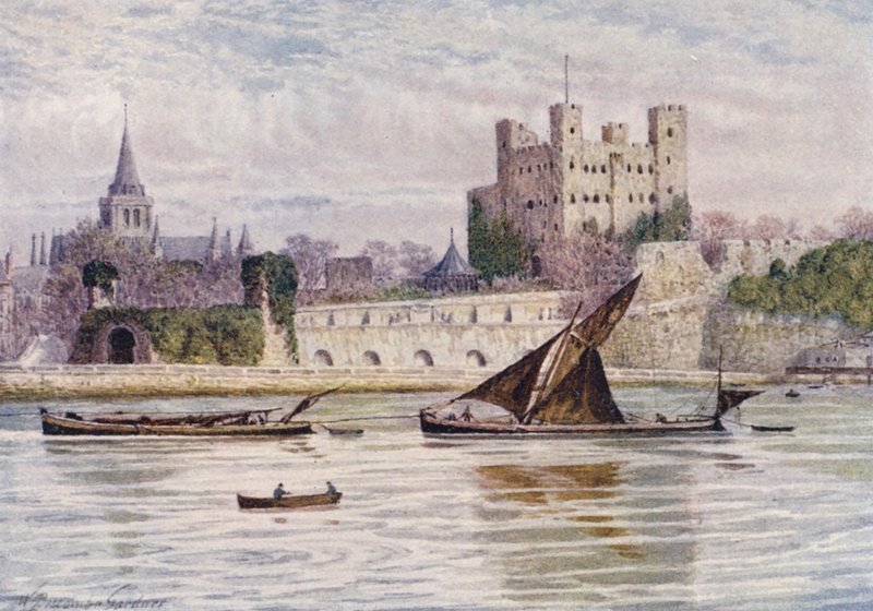 Rochester Castle og Cathedral fra den anden side af Medway (farvelitografi) af William Biscombe Gardner