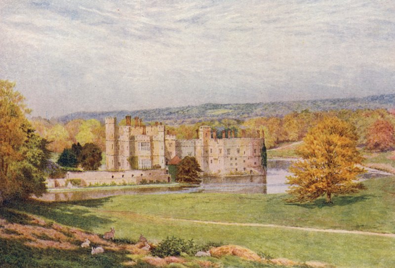 Forår, Lecds Slot fra SØ (farvelitografi) af William Biscombe Gardner