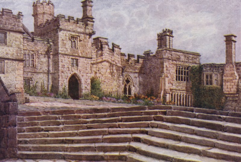 The Lower Courtyard, Haddon Hall (farve litho) af William Biscombe Gardner