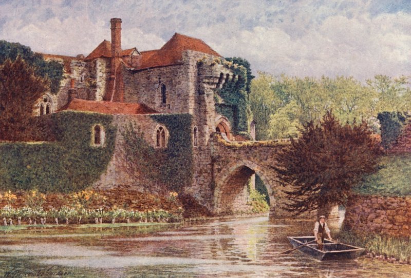 Den gamle port og bro, Leeds Castle (farvelitografi) af William Biscombe Gardner