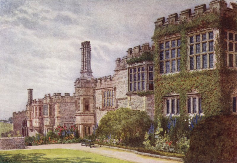 Sydsiden af Haddon Hall (farve litho) af William Biscombe Gardner