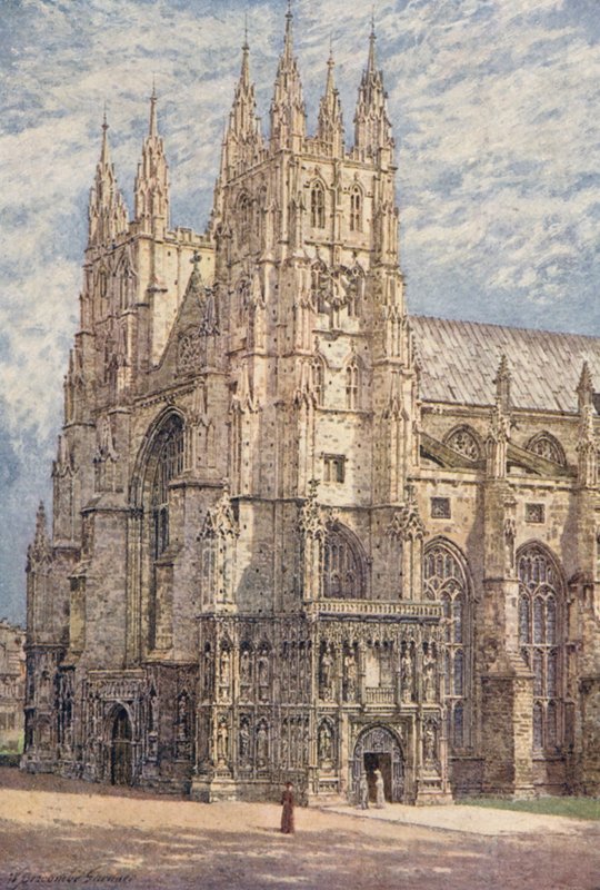 Vesttårnene og den sydvestlige indgang til katedralen i Canterbury (farvelitografi) af William Biscombe Gardner