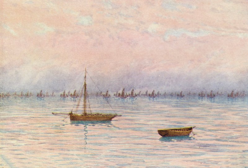 Whitstable Oyster Fleet uddyber ud for Herne Bay (farvelitografi) af William Biscombe Gardner