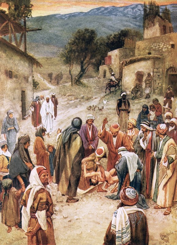 Jesus var ved at helbrede en dreng, fra hvem hans disciple havde undladt at uddrive en djævel af William Brassey Hole