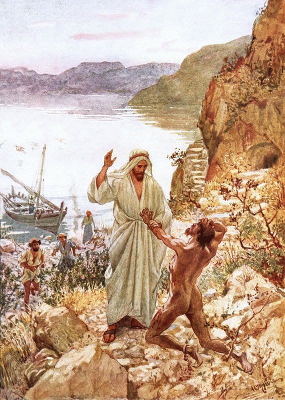Jesus mødes med en dæmonisk mand i Gadarernes land af William Brassey Hole