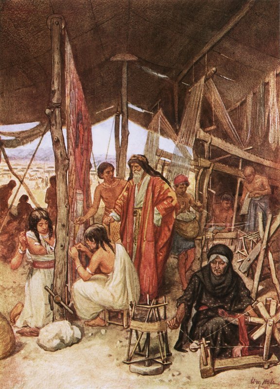 Moses inspicerede vævningen og broderingen af tabernaklets ophæng af William Brassey Hole