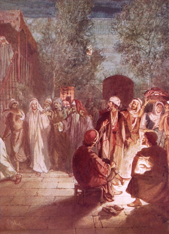 Peter, der har fornægtet ham tre gange, angrer, da Jesus vender sig om og ser på ham af William Brassey Hole