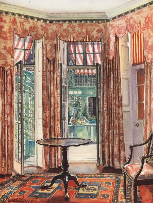Boligindretning: Et værelse i London i røde toner (farvelitografi) af William Bruce Ellis Ranken