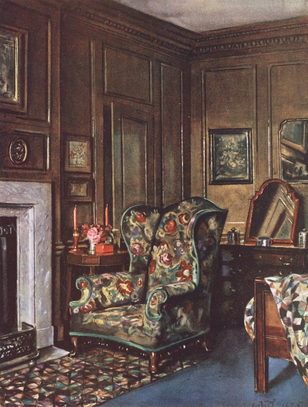 Indretning: Et soveværelse med brune vægge oplivet af lyse farver (farvelitografi) af William Bruce Ellis Ranken