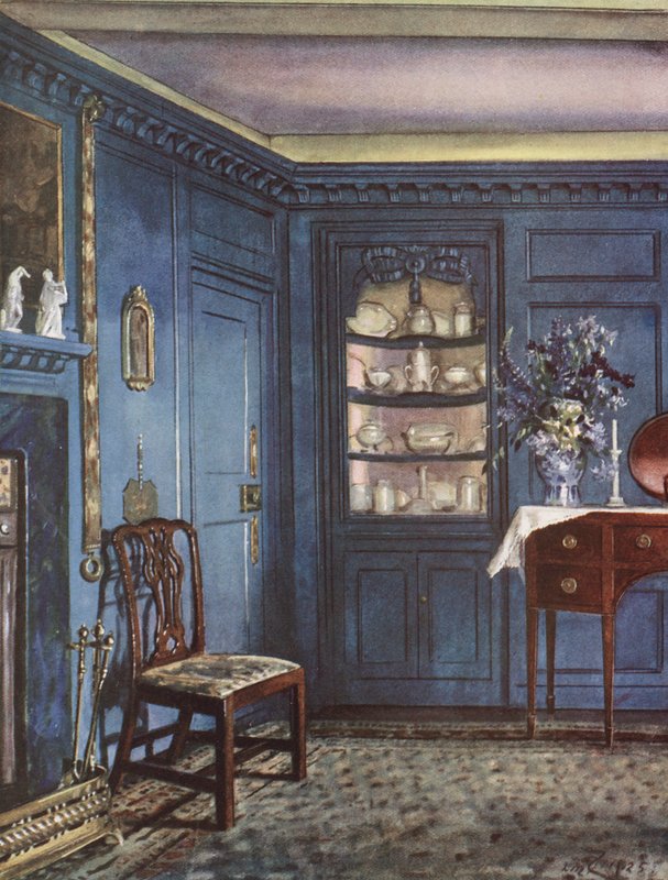 Indvendig udsmykning: En spisestue med stiplede blå vægge (farvelitografi) af William Bruce Ellis Ranken