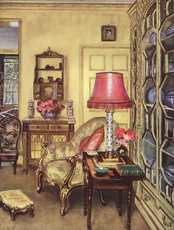 Indvendig dekoration: En lille gul dagligstue (farvelitografi) af William Bruce Ellis Ranken