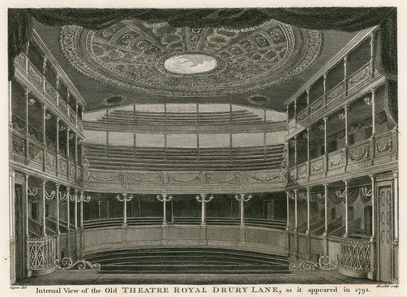 Indvendigt billede af det gamle Theatre Royal, Drury Lane, London, som det så ud i 1792 af William Capon