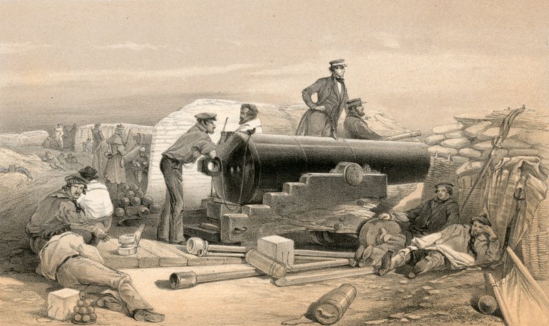 En stille dag i diamantbatteriet, Portrait of a Lancaster 68 Pounder, 15. december 1854 af William Crimea Simpson