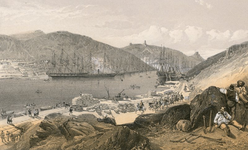 Balaklava, der viser kajens tilstand og skibsfarten, i maj 1855 af William Crimea Simpson