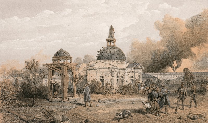 Kirke i den bagerste del af Redan, ser mod nord, og viser virkningerne af skud og granater af William Crimea Simpson