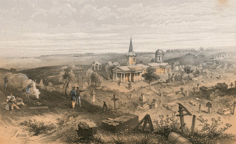 Karantænekirkegård og kirke med fransk batteri nr. 50 af William Crimea Simpson