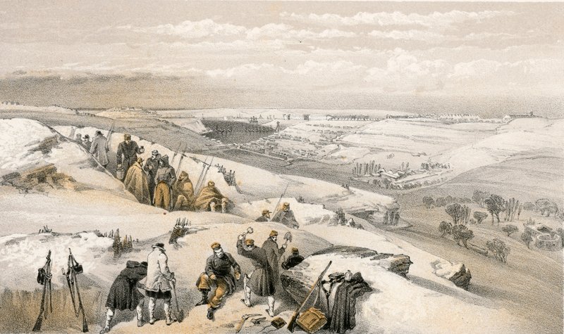 Sebastopol fra 26 Gun Battery yderst til højre for det franske angreb af William Crimea Simpson