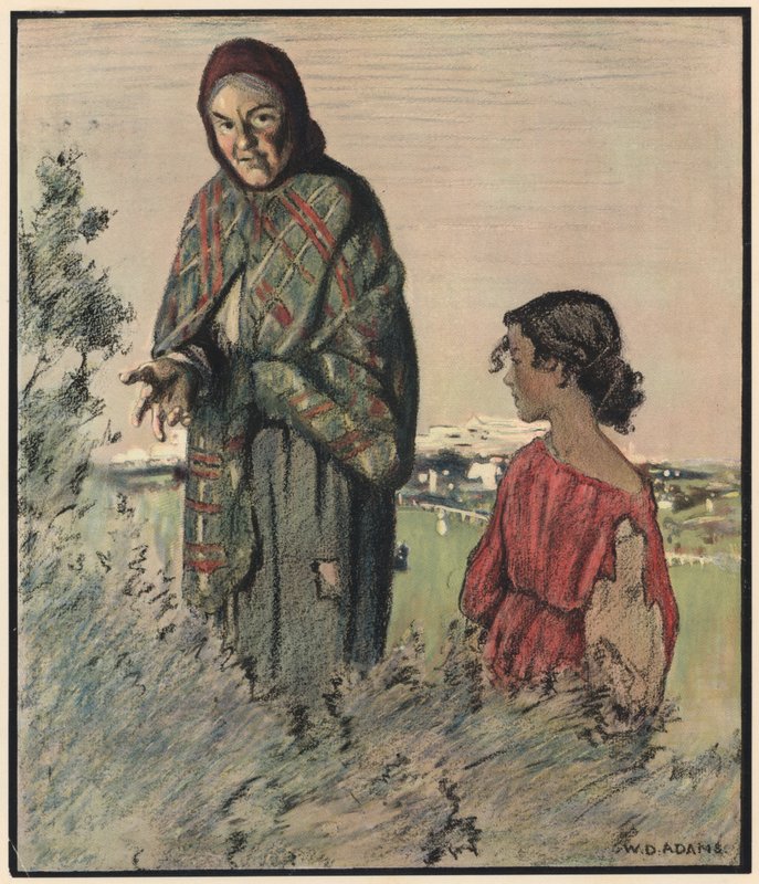 Sigøjneren, "Fortæl din formue, smukke gentleman" (farve litho) af William Dacres Adams