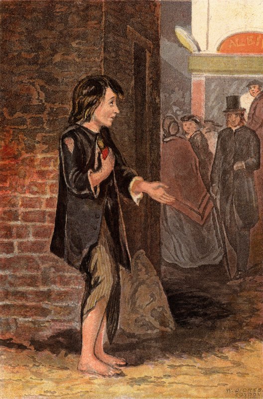 Et barn, der tigger om penge for at købe brød (chromolitho) af William Dickes