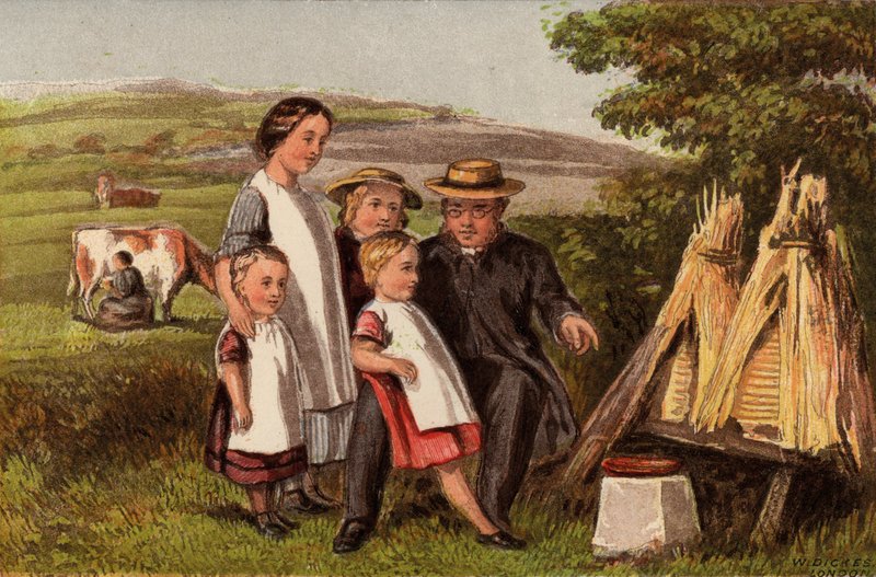 Branche: familie på landet med bistader (chromolitho) af William Dickes