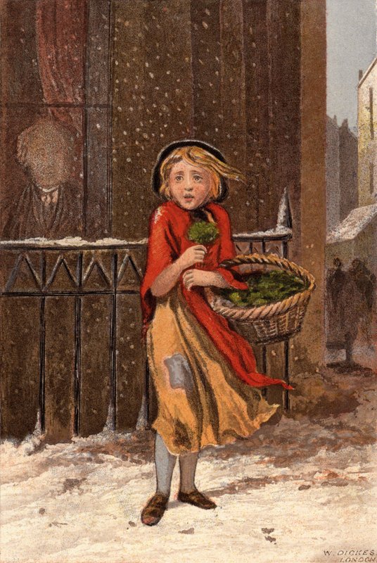 Stakkels pige, der sælger brøndkarse på en snedækket gade (chromolitho) af William Dickes