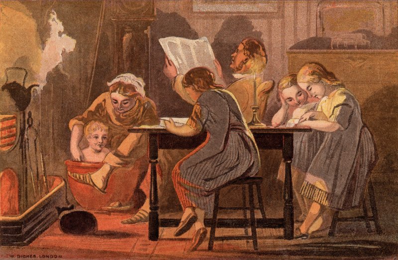 Lørdag aften: en familie, der læser og underholder sig selv om aftenen (chromolitho) af William Dickes