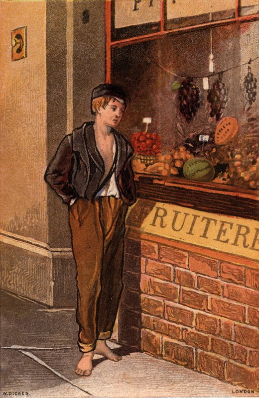 Fristelse: stakkels ung mand kigger ind i et butiksvindue på tropiske frugter (chromolitho) af William Dickes
