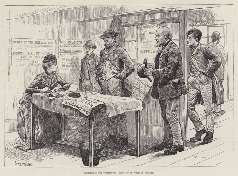 Registrering af arbejdsløse, scene på et kontor i Chelsea af William Douglas Almond