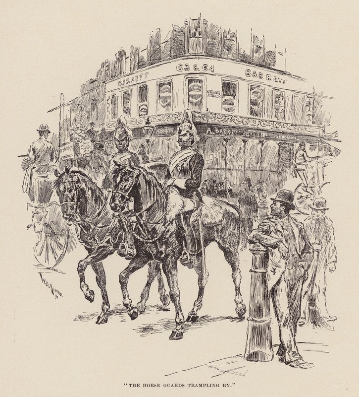 "Hestevagterne tramper forbi" (kobberstik) af William Douglas Almond