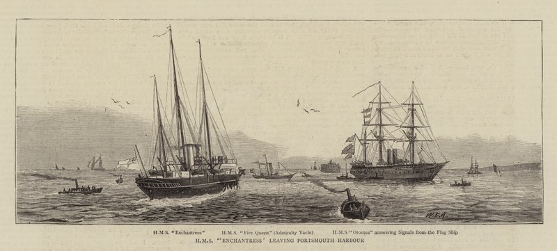 HMS Enchantress forlader Portsmouth Harbor af William Edward Atkins