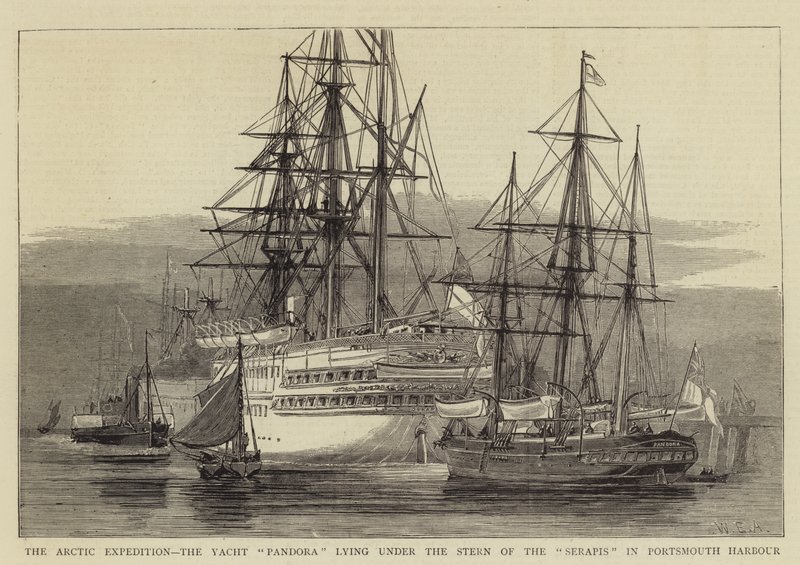 Den arktiske ekspedition, Yacht Pandora liggende under agterstavnen af Serapis i Portsmouth Havn af William Edward Atkins