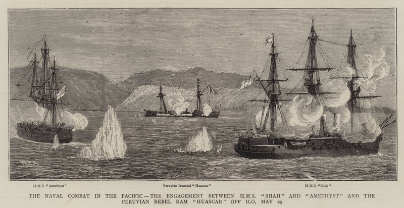 Søkampen i Stillehavet, forlovelsen mellem HMS Shah og Amethyst og den peruvianske oprører Ram Huascar ud for Ilo, 29. maj af William Edward Atkins