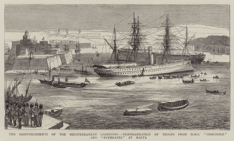 Forstærkningerne af middelhavsgarnisonerne, landgang af tropper fra HMS Crocodile og Eufrat på Malta af William Edward Atkins
