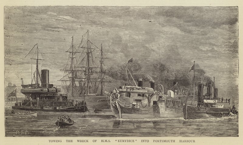 Slæbning af vraget af HMS Eurydice ind i Portsmouth Havn af William Edward Atkins
