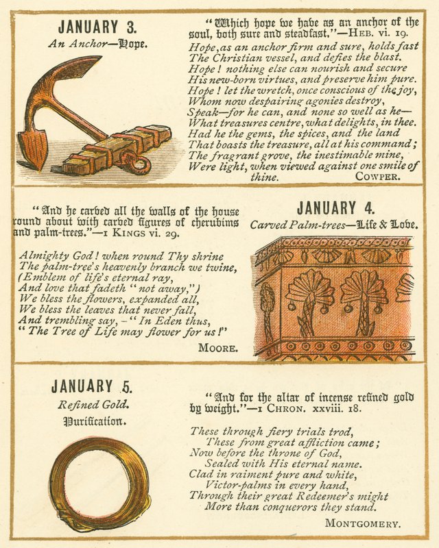 Side fra The Bible Emblem Anniversary Book (farvelitografi) af William Foster
