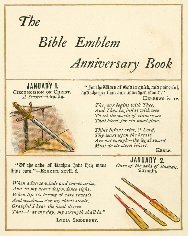 Side fra The Bible Emblem Anniversary Book (farvelitografi) af William Foster