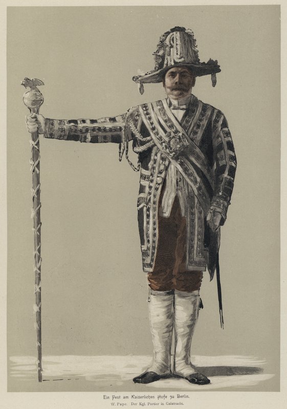 Kongelig dørvogter i gallakostume ved en fest ved det kejserlige tyske hof i Berlin (farvegravering) af William Friedrich Georg Pape