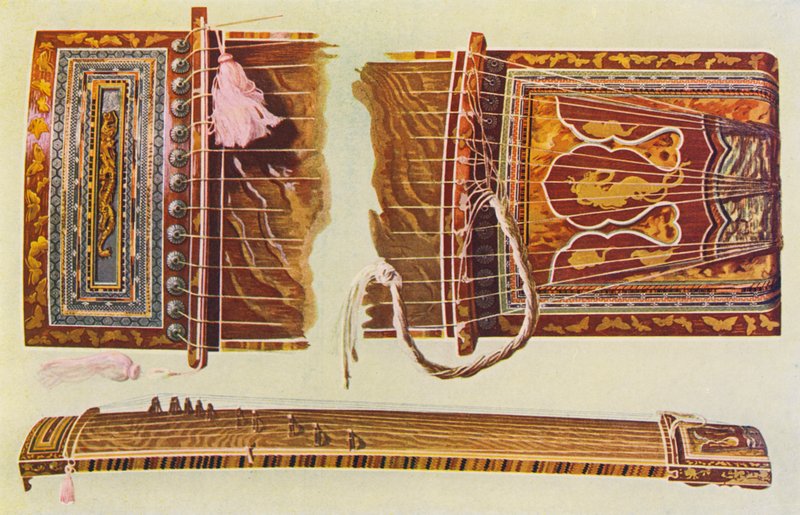 Musikinstrumenter: Japansk koto (farvelitografi) af William Gibb