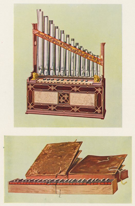Musikinstrumenter: Bærbart orgel og bibelregal (farvelitografi) af William Gibb