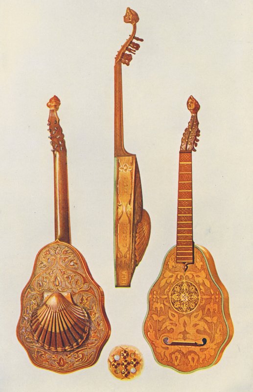 Musikinstrumenter: Dronning Elizabeths lut (farvelitografi) af William Gibb